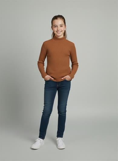 Kız ve Erkek Çocuk Kahverengi Fitilli Yarım Balıkçı Yaka Uzun Kollu Body İçlik