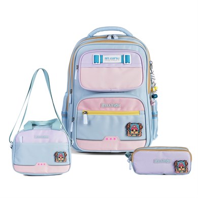 Relaxion 1814 Lila Mavi Kız Çocuk 3lü İlkokul Çanta Seti Ortopedik & Geniş İç Hacim Su Geçirmez