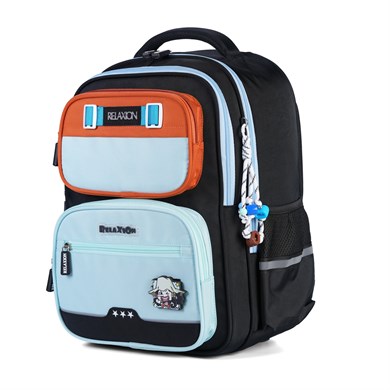 Relaxion 1814 Siyah Mavi Erkek Çocuk 3lü İlkokul Çanta Seti Ortopedik & Geniş İç Hacim Su Geçirmez