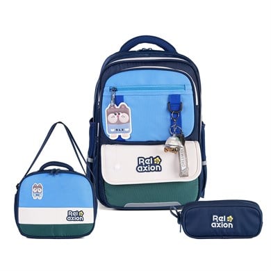 Relaxion 1816 3lü İlkokul Çanta Seti Lacivert - Fanus Aksesuarlı, Ortopedik Sırt Destekli Okul Çantası, Beslenme Çantası ve Kalemlik