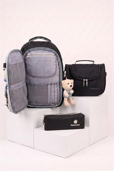 Relaxion Erkek Çocuk Pelüş Ayıcıklı Kore Tarzı Kawaii 3lü Set Okul Çantası Seti Siyah