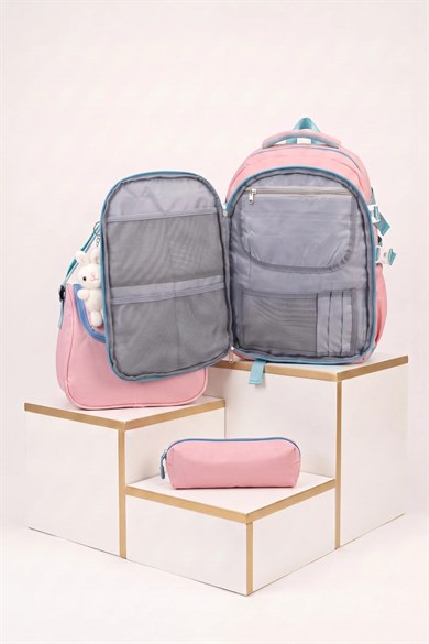 Relaxion Kız Çocuk Pelüş Ayıcıklı Kore Tarzı Kawaii 3lü Set Okul Çantası Seti Pembe