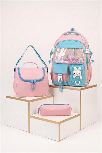 Relaxion Kız Çocuk Pelüş Ayıcıklı Kore Tarzı Kawaii 3'lü Set Okul Çantası Seti Pembe