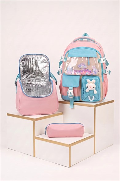 Relaxion Kız Çocuk Pelüş Ayıcıklı Kore Tarzı Kawaii 3lü Set Okul Çantası Seti Pembe