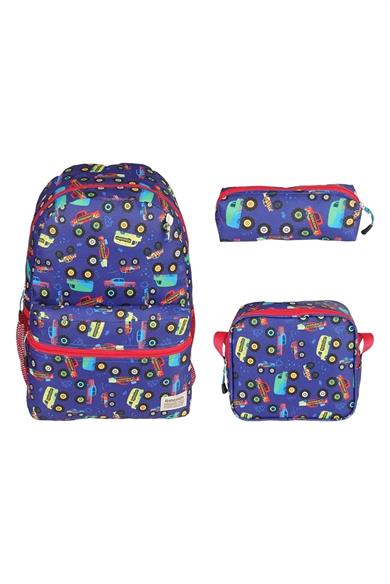 Relaxion Lila Araba Figürlü Anaokulu Ilköğretim Sırt Çantası Beslenme Çantası Kalemlik 3Lü Set