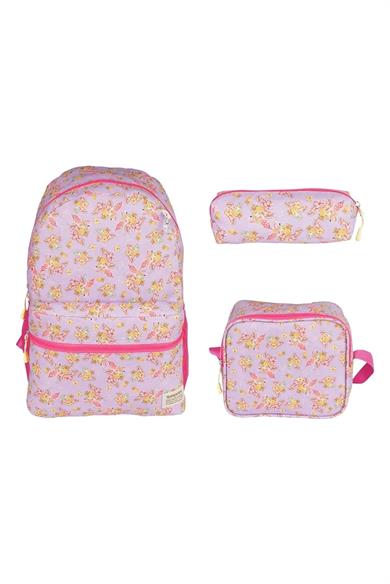 Relaxion Lila Çiçek Figürlü Anaokulu Ilköğretim Sırt Çantası Beslenme Çantası Kalemlik 3Lü Set