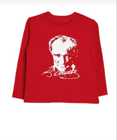 Unısex Çocuk 23 Nisan 29 Ekim Gösteri Uzun Kol Atatürk Kırmızı Baskılı Tişört 