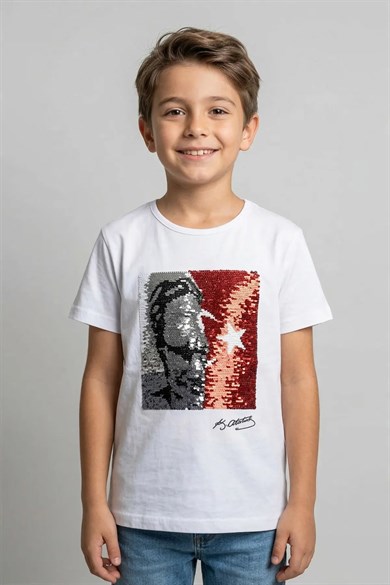 Unısex Çocuk Basic  Atatürk Bayra Baskılı Kısa Kollu  23 Nisan 10 Kasım 29 Ekim Okul Gösteri Tişört