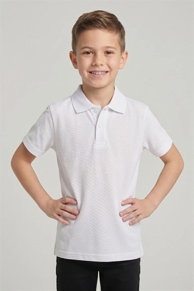 Unisex Çocuk Beyaz Lakost Polo Yaka Kısa Kollu Okul Tişörtü