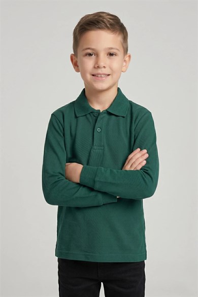 Unisex Çocuk Nefti Yeşil Lakost Polo Yaka Uzun Kollu Okul Tişörtü