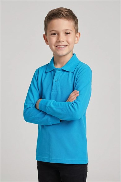 Unisex Çocuk Turkuaz Lakost Polo Yaka Uzun Kollu Okul Tişörtü