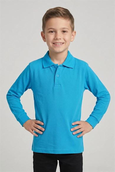 Unisex Çocuk Turkuaz Lakost Polo Yaka Uzun Kollu Okul Tişörtü