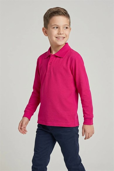 Unisex Çocuk Fuşya Lakost Polo Yaka Uzun Kollu Okul Tişörtü