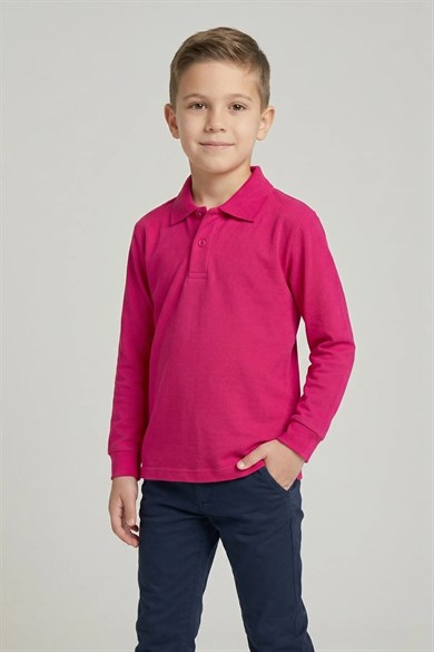 Unisex Çocuk Fuşya Lakost Polo Yaka Uzun Kollu Okul Tişörtü