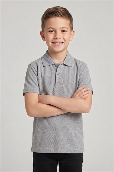Unisex Çocuk Gri Lakost Polo Yaka Kısa Kollu Okul Tişörtü