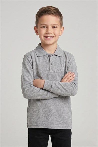 Unisex Çocuk Gri Lakost Polo Yaka Uzun Kollu Okul Tişörtü