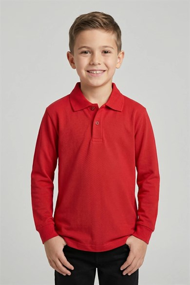 Unisex Çocuk Kırmızı Lakost Polo Yaka Uzun Kollu Okul Tişörtü