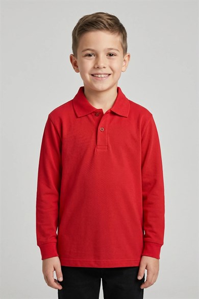 Unisex Çocuk Kırmızı Lakost Polo Yaka Uzun Kollu Okul Tişörtü
