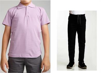 Unisex çocuk okul ribana bel pantolon - lila kısa kol Polo yaka t-shirt 2li takım