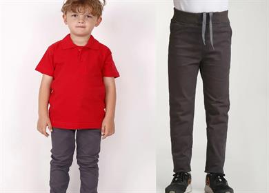Unisex çocuk okul ribana bel pantolon - kırmızı kısa kol Polo yaka t-shirt 2li takım