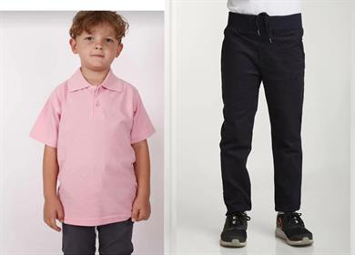 Unisex çocuk okul ribana bel pantolon - pembe kısa kol Polo yaka t-shirt 2li takım