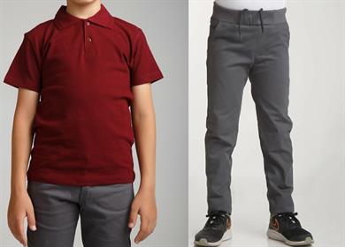 Unisex çocuk okul ribana bel pantolon - bordo kısa kol Polo yaka t-shirt 2li takım