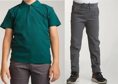 Unisex çocuk okul ribana bel pantolon - koyu yeşil kısa kol Polo yaka t-shirt 2li takım