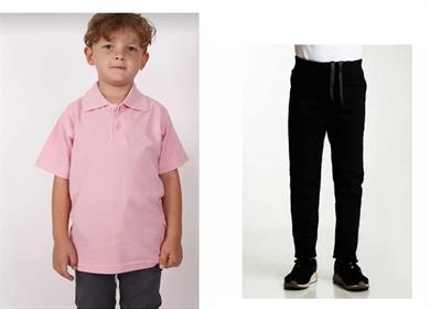 Unisex çocuk okul ribana bel pantolon - pembe kısa kol Polo yaka t-shirt 2li takım
