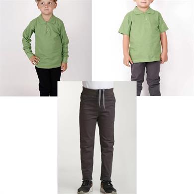 Unisex çocuk okul ribana bel pantolon - yeşil kısa kol uzun kol Polo yaka tişört 3lü takım