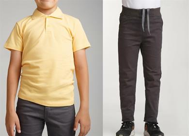 Unisex çocuk okul ribana bel pantolon - sarı kısa kol Polo yaka t-shirt 2li takım