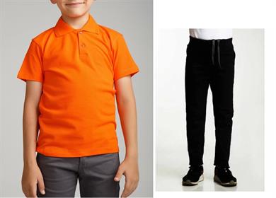 Unisex çocuk okul ribana bel pantolon - turuncu kısa kol Polo yaka t-shirt 2li takım