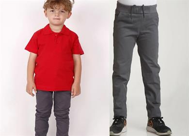 Unisex çocuk okul ribana bel pantolon - koyu kırmızı kısa kol Polo yaka t-shirt 2li takım