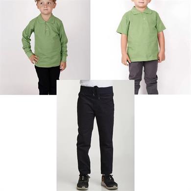 Unisex çocuk okul ribana bel pantolon - yeşil kısa kol uzun kol Polo yaka tişört 3lü takım