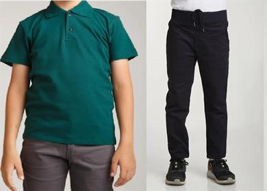 Unisex çocuk okul ribana bel pantolon - koyu yeşil kısa kol Polo yaka t-shirt 2li takım
