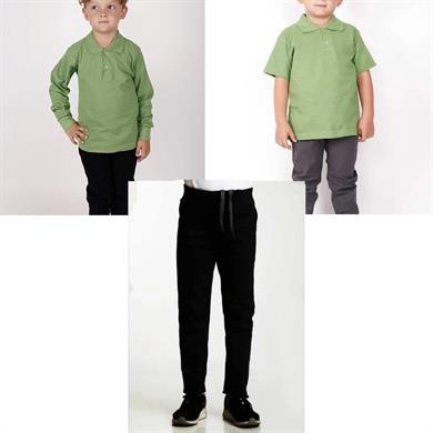 Unisex çocuk okul ribana bel pantolon - yeşil kısa kol uzun kol Polo yaka tişört 3lü takım