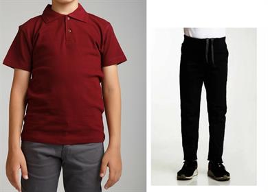 Unisex çocuk okul ribana bel pantolon - bordo kısa kol Polo yaka t-shirt 2li takım