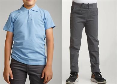 Unisex çocuk okul ribana bel pantolon - mavi kısa kol Polo yaka t-shirt 2li takım
