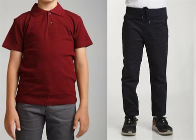 Unisex çocuk okul ribana bel pantolon - bordo kısa kol Polo yaka t-shirt 2li takım