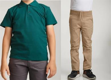 Unisex çocuk okul ribana bel pantolon - koyu yeşil kısa kol Polo yaka t-shirt 2li takım