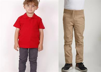 Unisex çocuk okul ribana bel pantolon - koyu kırmızı kısa kol Polo yaka t-shirt 2li takım