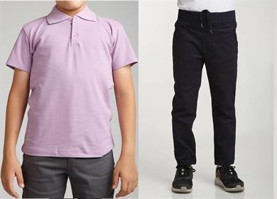 Unisex çocuk okul ribana bel pantolon - lila kısa kol Polo yaka t-shirt 2li takım