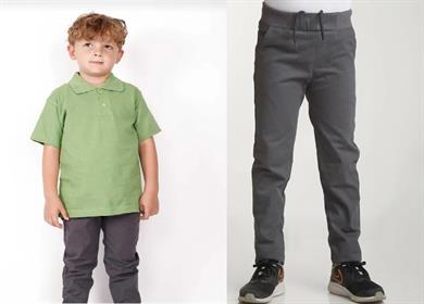 Unisex çocuk okul ribana bel pantolon - yeşil kısa kol Polo yaka t-shirt 2li takım