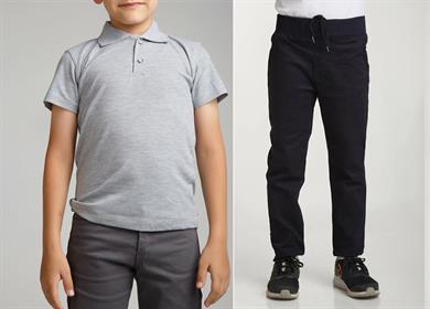 Unisex çocuk okul ribana bel pantolon - gri kısa kol Polo yaka t-shirt 2li takım
