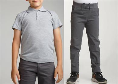Unisex çocuk okul ribana bel pantolon - gri kısa kol Polo yaka t-shirt 2li takım