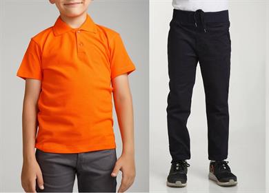 Unisex çocuk okul ribana bel pantolon - turuncu kısa kol Polo yaka t-shirt 2li takım