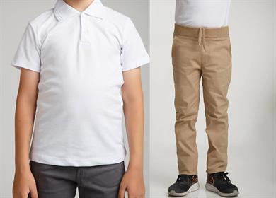 Unisex çocuk okul ribana bel pantolon - beyaz kısa kol Polo yaka t-shirt 2li takım