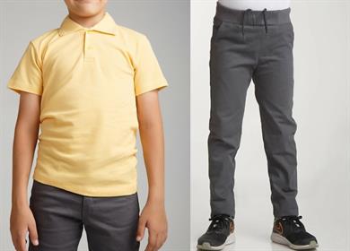 Unisex çocuk okul ribana bel pantolon - sarı kısa kol Polo yaka t-shirt 2li takım