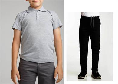 Unisex çocuk okul ribana bel pantolon - gri kısa kol Polo yaka t-shirt 2li takım