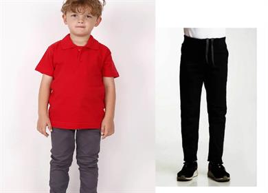 Unisex çocuk okul ribana bel pantolon - kırmızı kısa kol Polo yaka t-shirt 2li takım