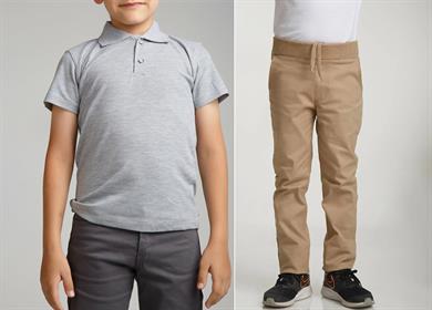 Unisex çocuk okul ribana bel pantolon - gri kısa kol Polo yaka t-shirt 2li takım